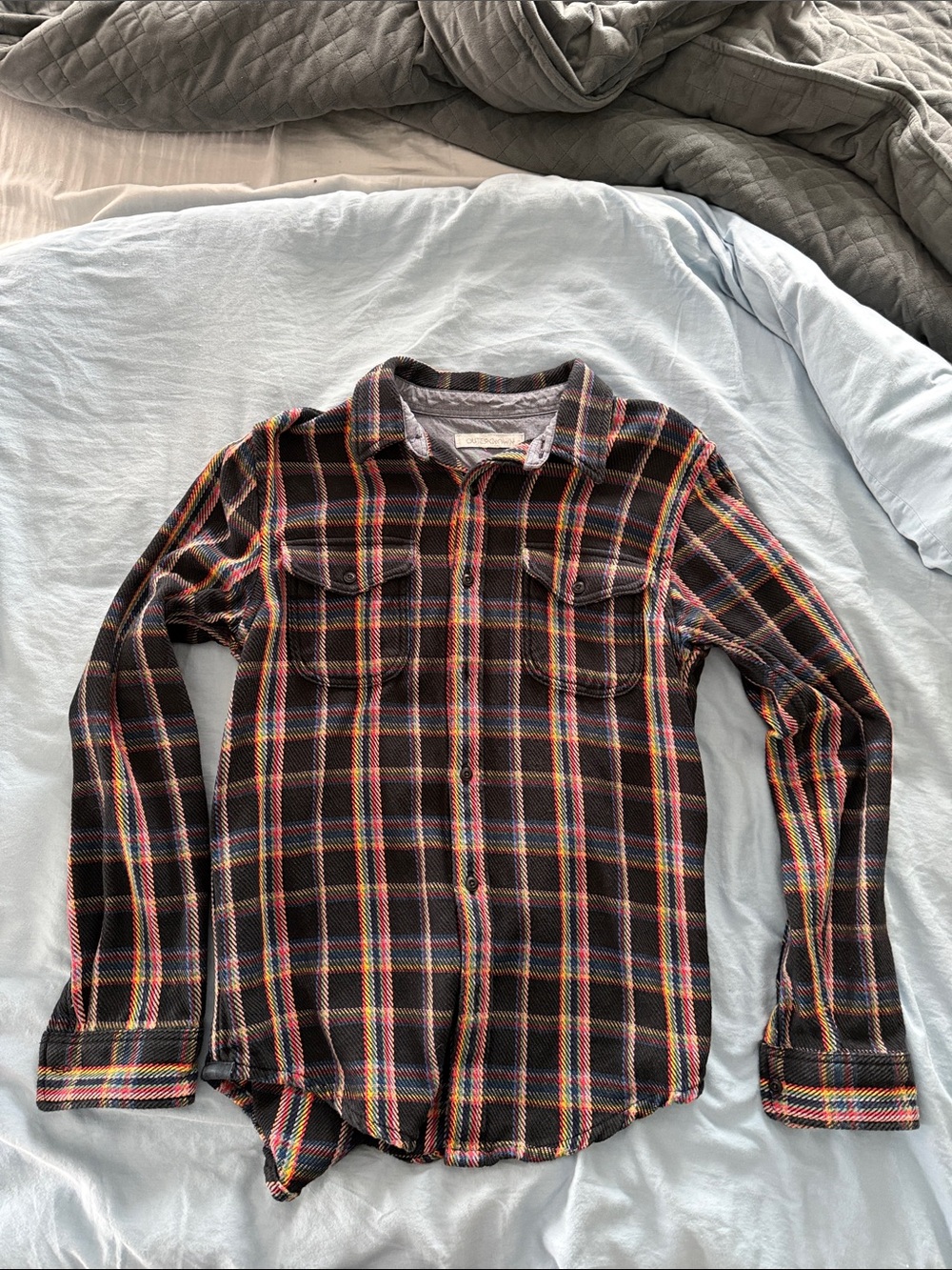 Outerknown Black Multicolor Plaid Flannel Button-Down Shirt